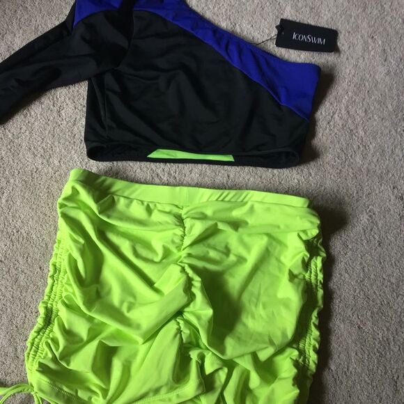 NWT Icon Swim 80s style Retro Neon Green and Blue Two-Piece Set - Picture 5 of 8